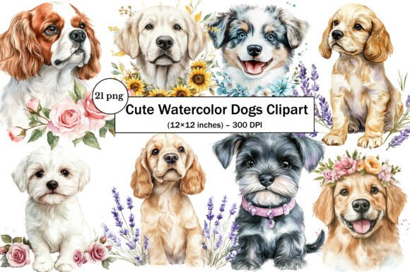 Cute Watercolor Dogs PNG Clipart