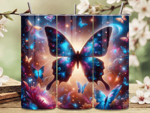 Galaxy Butterfly Floral Tumbler Wrap PNG