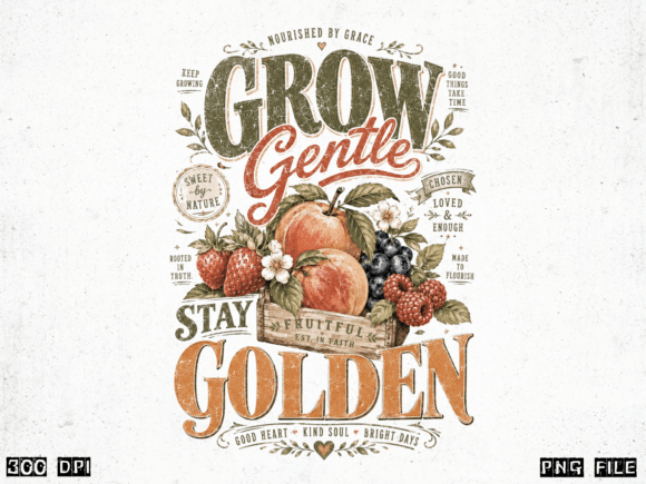 Grow Gentle Stay Golden PNG, Vintage Fru: A Versatile Design for Creative Projects