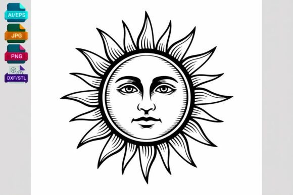 Vintage Sun Face SVG Clipart Black and White