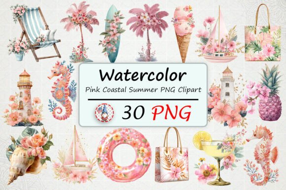 Watercolor Pink Coastal Summer PNG Clipart: A Versatile Resource for Creative Projects