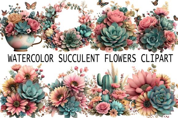 Watercolor Succulent Flowers Clipart